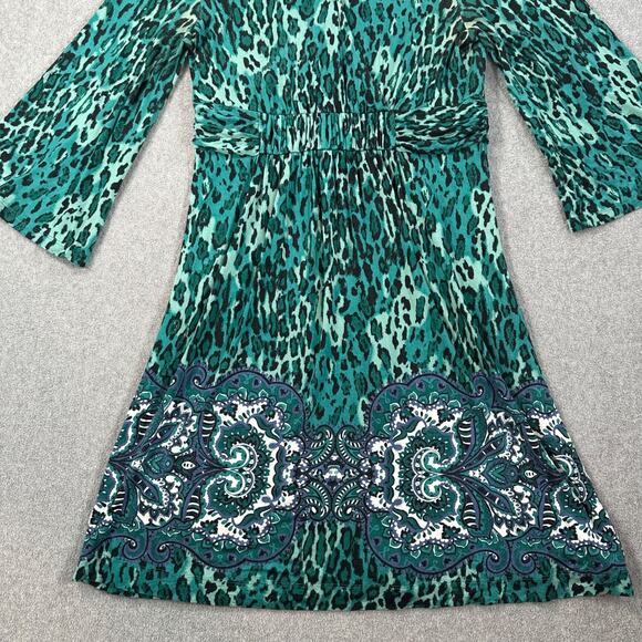 SOMA Kimono Animal Print Knit Dress Women's Large Green V-Neck Gathered Waist - Picture 4 of 8